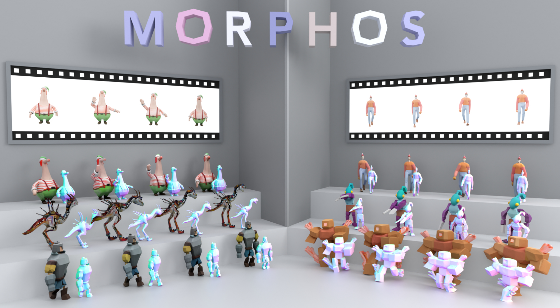 MORPHOS teaser: given video inputs, MORPHOS autoregressively generates unified dynamic 3D representations — meshes, 3D Gaussians, and radiance fields.