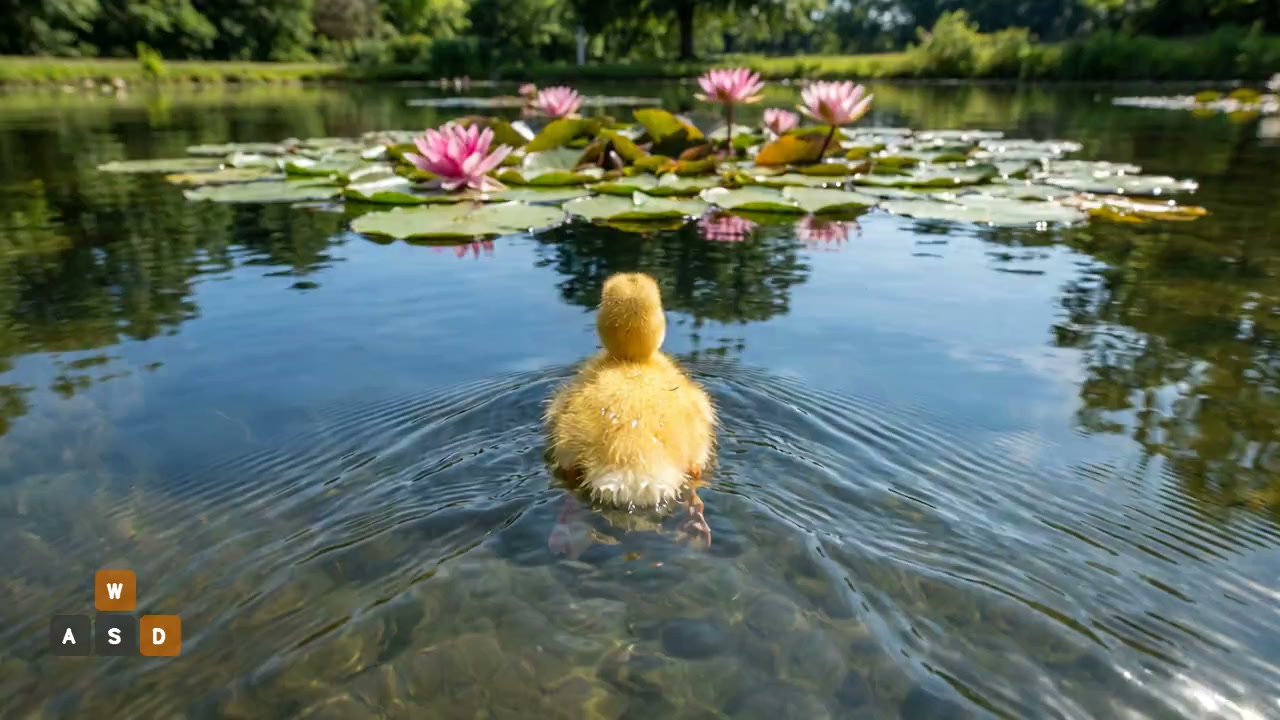 Input image: a yellow duckling swimming on a sunlit pond with water lilies